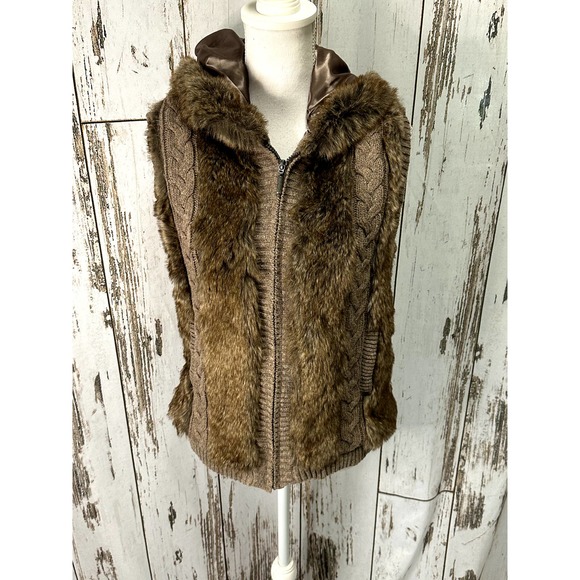 Green Tea Brown Knit And Faux Fur Hooded Vest Wool Blend - Picture 1 of 5